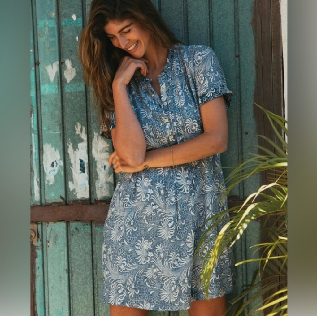 Faherty Gemina Pintuck Pleat Linen Blend Dress In Blue Kyoto Blossom S